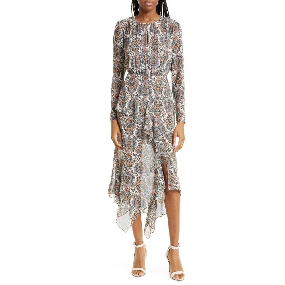 Veronica Beard Sazon Midi Dress Women 4 Paisley Ruffle Asymmetrical Hem Silk